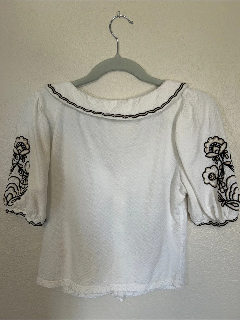 Anthropologie White Blouse with Black Embroidery